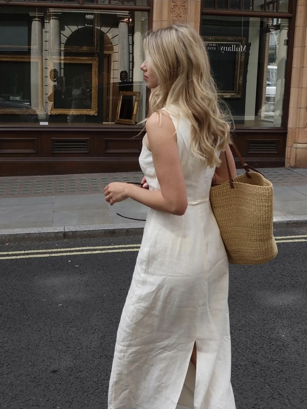 Commense Cream Sleeveless Linen Midi Dress with Side Tie - Picture 2 of 4